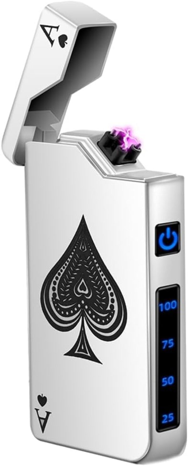 LcFun Electric Lighter – Rechargeable USB, Dual Arc Plasma, Windproof Flameless, Pocket Metal Lighter with LED Battery Indication for Candles, Camping (Silver Ace)