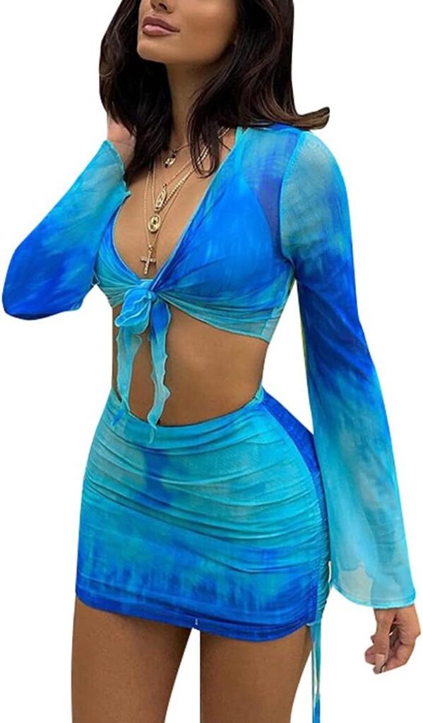 SHESEEWORLD Women’s Sexy Long Sleeve 2 Pieces Sheer Mesh Cover Up Dress Crop Top Bodycon Ruched Y2K Mini Skirt Sets