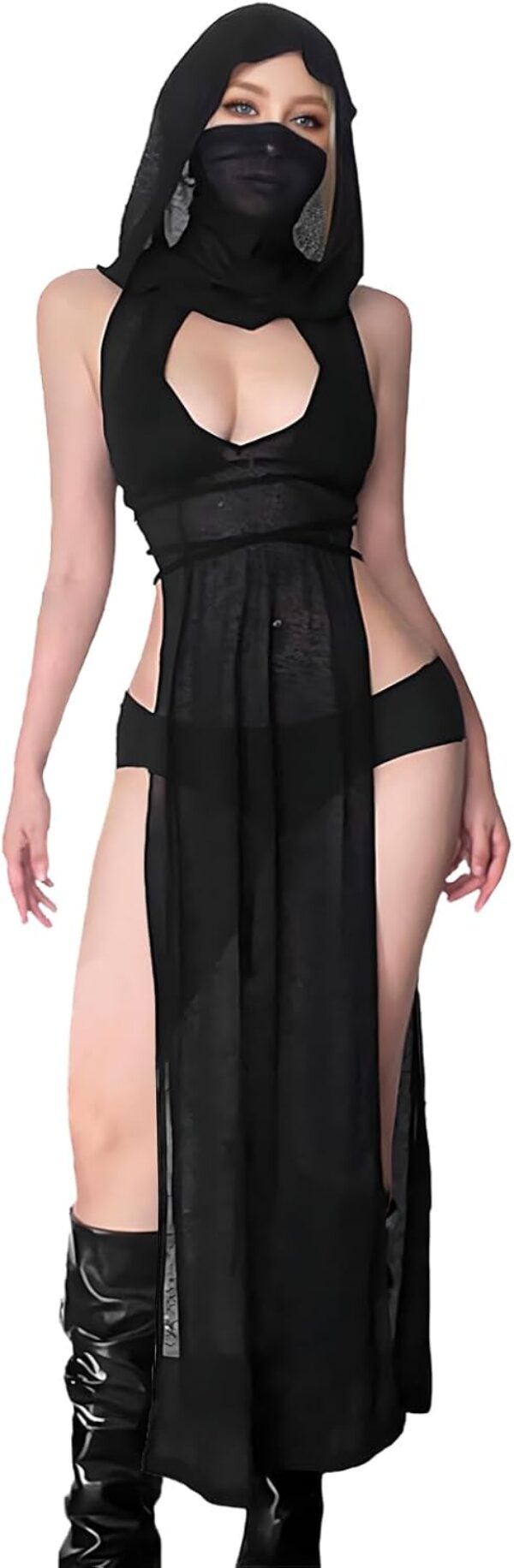 Rave Outfits for Women High Split Slim Hooded Black Knit Dress Cover Ups Streetwear