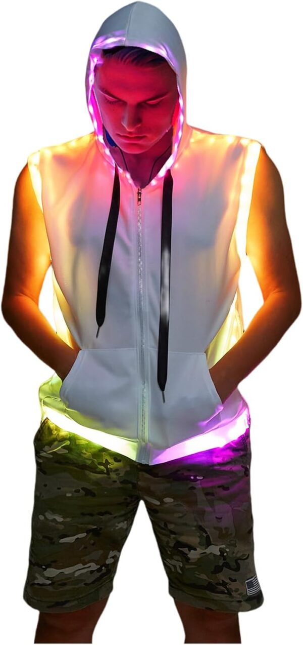 Men White Hooded Tank LED Light Up Sync Burning Man Rave Tops Night Club Show for Halloween Dance Party