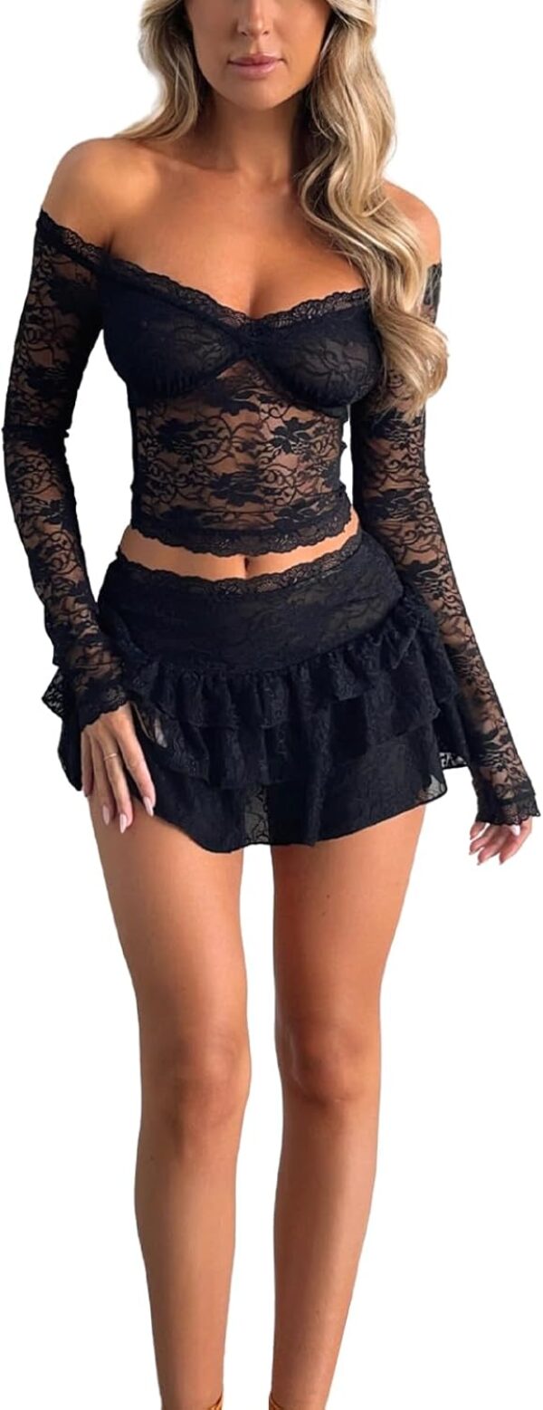 Women 2 Piece Lace Mini Skirt Set Sheer Mesh Deep V Neck Crop Top Bodycon Skirt Matching Set Y2k Party Club Outfit