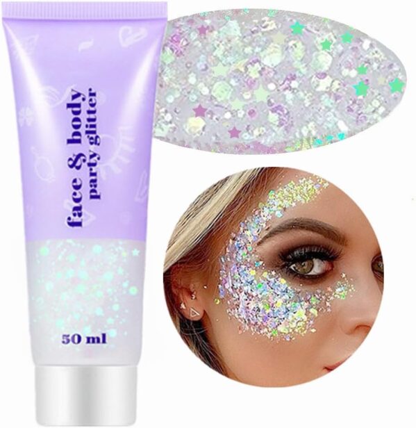Go Ho Clear White Face Body Glitter,Mardi Gras Festival Rave Outfits for Women&Kids,Holographic Mermaid White Face Paint,Halloween Fairy Makeup Chunky Glitter Sequins Gel,Rave Accessories,52g