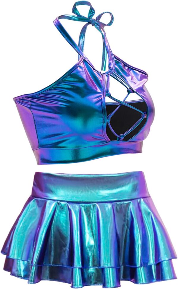 Women’s Rave Outfit Sets For Women Festivals 2 Pcs Metallic Tops Skirt EDM Party Club Holographic Rave Outfits