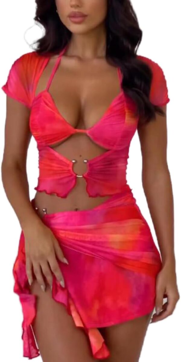 Womens Summer Skirt Outfits Gradient Print Camisole Top Mini Skirts Sexy Vacation Swimsuit Outfits