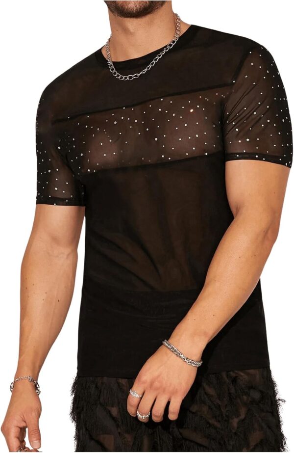WDIRARA Men’s Rhinestone Mesh Sheer T Shirts Sparkle Crew Neck Short Sleeve Casual Tee Top