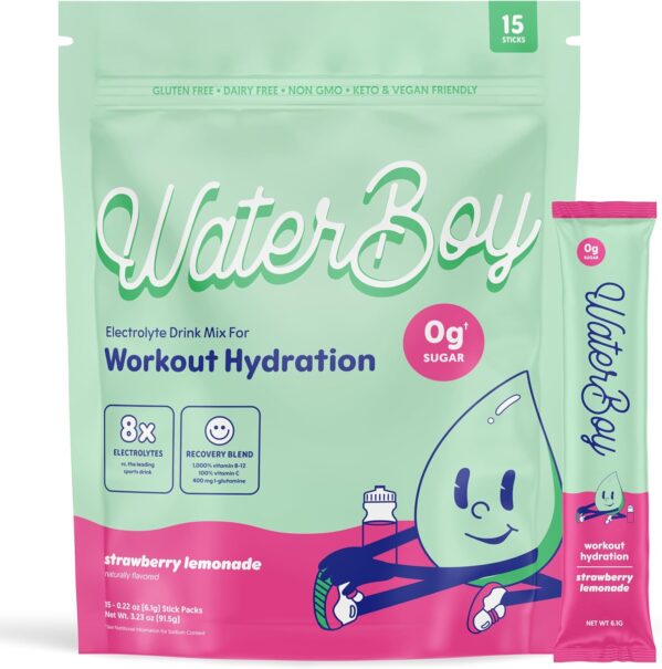 Waterboy Workout Hydration | 2,960mg Sugar Free Electrolyte Powder Packets | L-Glutamine + Vitamins | No Sugar, All Natural, Gluten Free | 15 Drink Stick Mixes (Strawberry Lemonade)