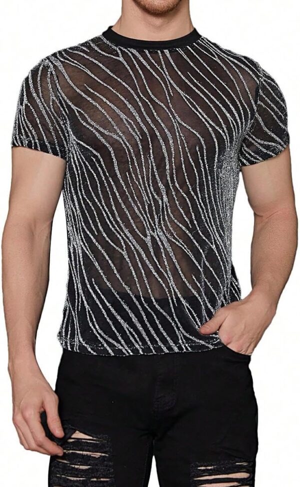 WDIRARA Men’s Floral Print See Through Round Neck Short Sleeve Mesh Tshirt Party Top