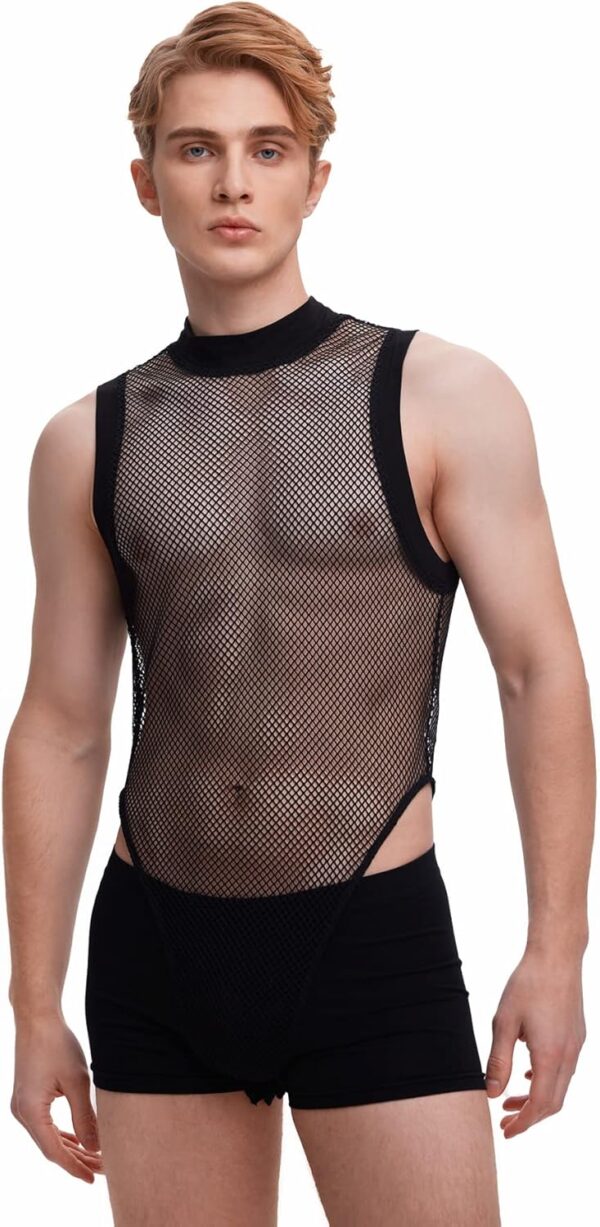 WDIRARA Men’s Fishnet Mesh Mock Neck Tank Tops Sleeveless Tee Tops Bodysuit
