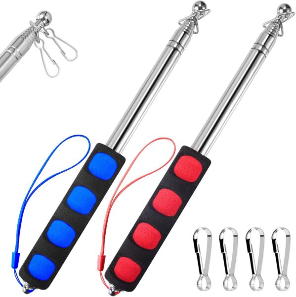 1.6M Telescopic Handheld Flagpoles with Clips, 5 Feet Thick Portable Stainless Steel Telescopic Banner Flag Pole – Tour Guide Flag Pole – Teaching Pointer Stick – 2 Pack (5 Ft, Red+Blue)