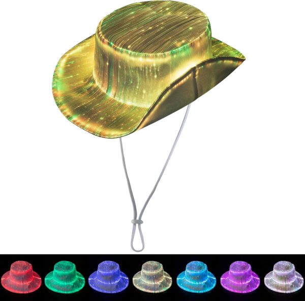 LED Bucket Hat, 7 Colors Rave LED Hats for Men Women Rechargeable Light up LED Cowboy Hat Wide Brim Neon Outfit for Night Dance Party (White)