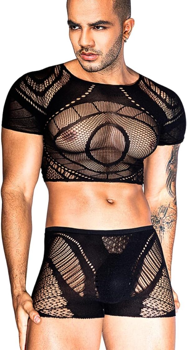 Mesh Crop Tops For Men,Short Sleeve Hollow Out Sheer Fishnet Sexy Top And Shorts Set,2 Piece Rave Outfits Date Night Club Exotic Dancewear Black One Size Fits All