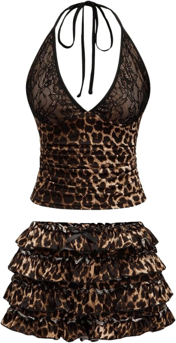 SweatyRocks Women’s Y2K Skirts Sets Leopard Print Lace Halter Top and Layered Mini Skirt 2 Piece Outfit