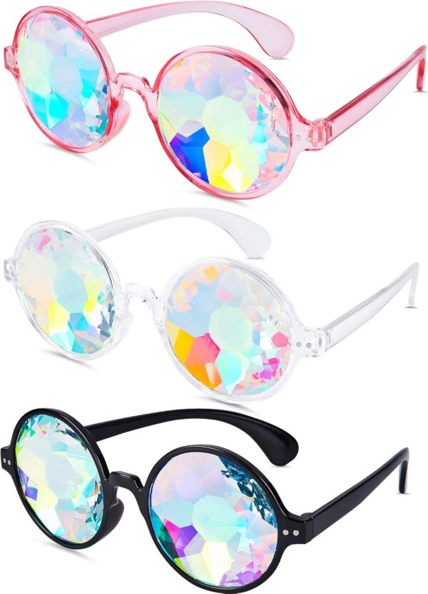 Frienda 3 Pairs Kaleidoscope Rave Glasses Festivals Goggle Rainbow Sunglass Kaleidoscope Sunglass Prism Refraction Glasses