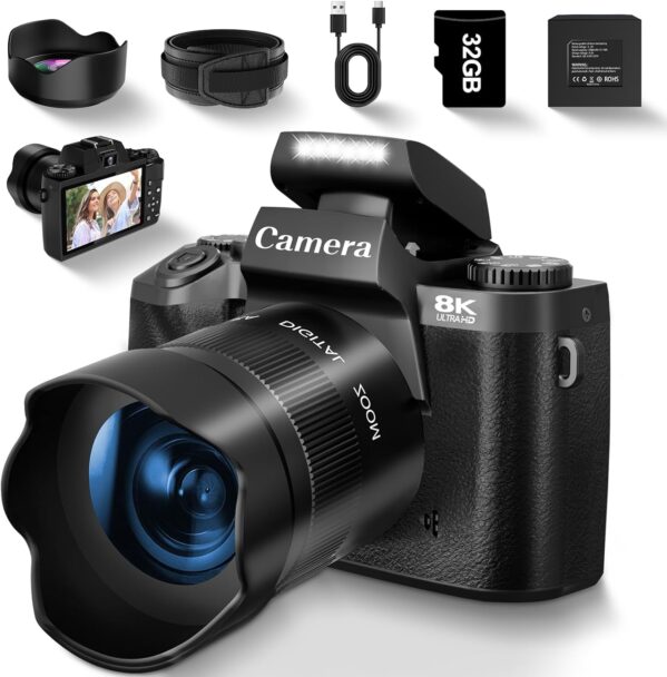 8K Digital Camera for Photography, Vlogging Camera for YouTube with Autofocus, 4 Inch Touchscreen 16X Digital Zoom Video Camera with 3000mAh Battery, Dual-Lens, Lens Hood, 32GB TF Card and Flash,Black