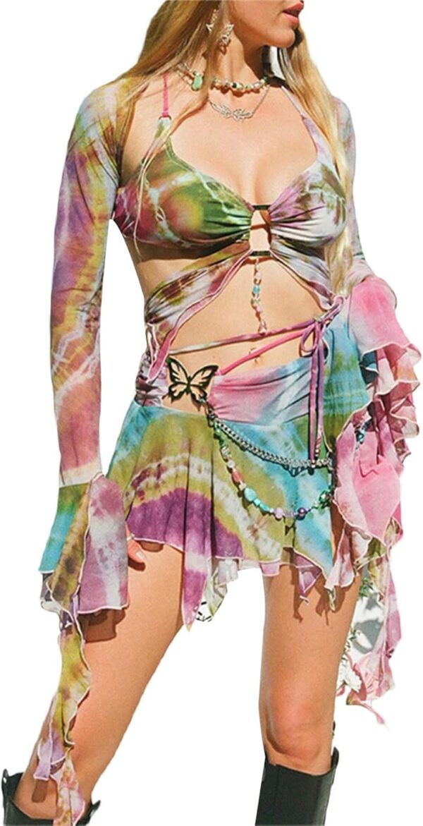 SOLILOQUY 2 Piece Skirt Outfit for Women Y2K Butterfly Print Sexy Backless Crop Top and Skirt Rave Festival Matching Set