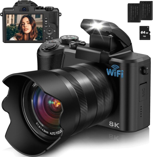 8K Digital Camera, 88MP Cameras for Photography with WiFi & Touch Screen, 16X Zoom Vlogging Camera for YouTube Video, Autofocus & Anti-Shake, Dual Camera, 2 Batteries, 64GB Card, Flash, Lens Hood