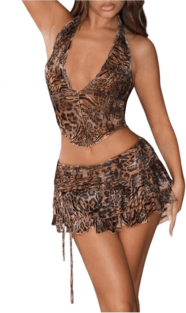 SOLY HUX Women’s Y2k Skirt Sets 2 Piece Outfits Leopard Halter Crop Tops and Ruffle Layered Mini Skirt Set