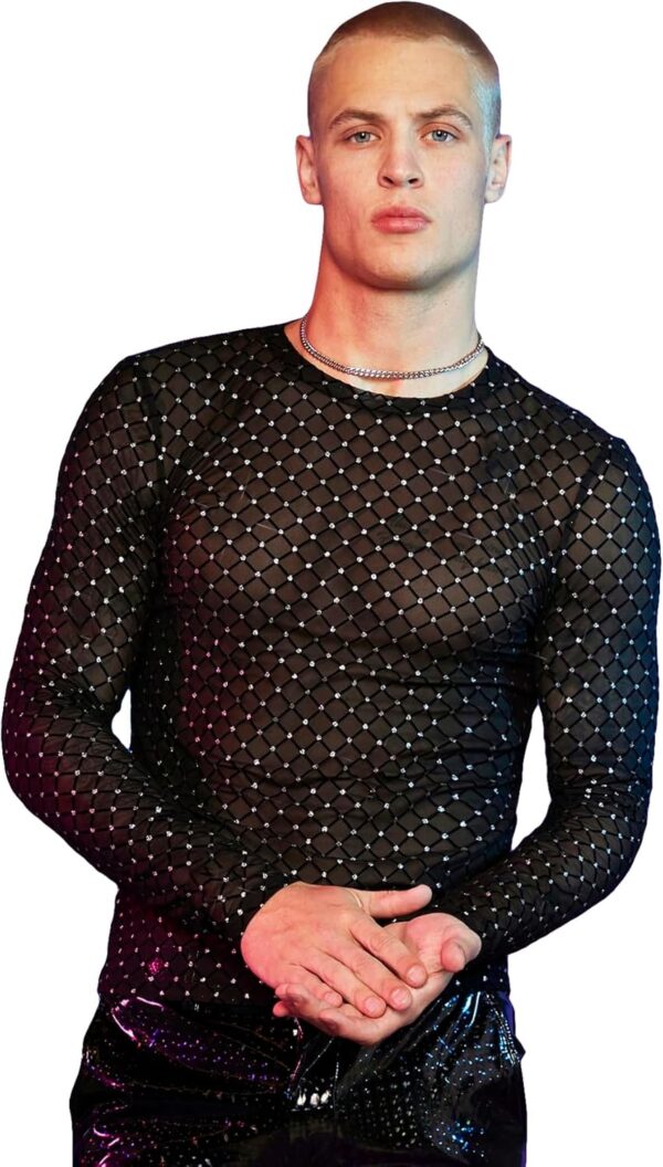 OYOANGLE Men’s Glitter See Through Sheer Mesh Round Neck Long Sleeve Party Clubwear Tee Tops