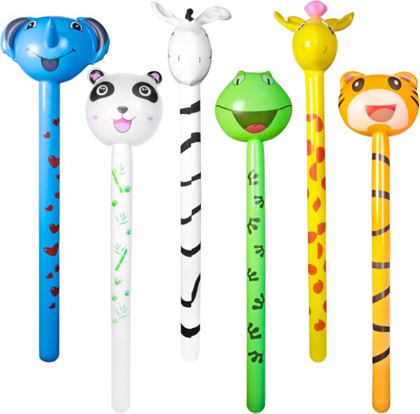 Novelty Place 6 Pcs Inflatable Animals Stick with Sound – Jungle Safari Animal Balloons Stick Blow Up Toys for Kids Animal Theme Birthday Party Favors and Decorations
