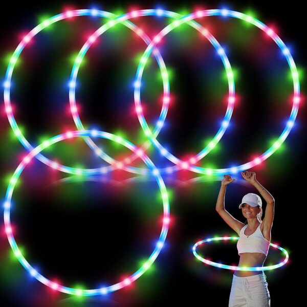 Jerify 4 Pack LED Hoop Light up LED Glowing Lights Fitness Exercise Hoops 10 Color Changing Exercise Glowing Hoop for Dance Dark Fitness