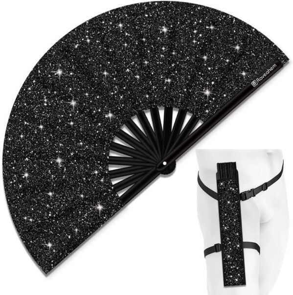 Glitter Large Rave Folding Clack Hand Fan with holster for men/women Handheld Fan for EDM,Festival,Club,Party,Dance (Blk)