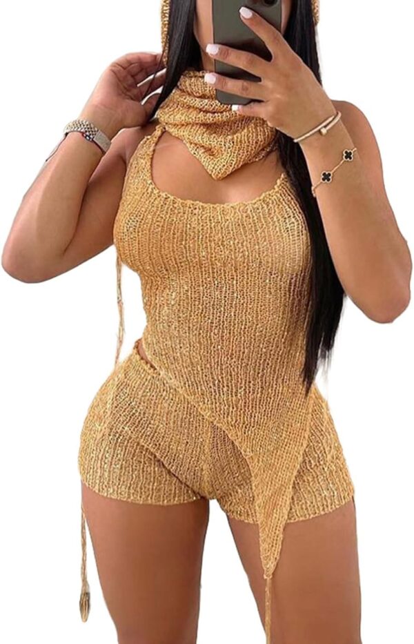 KANSOON Sexy Two Piece Outfits for Women Sequin Knit Backless Irregular Halter Tank Top Crochet Shorts Set with Shades