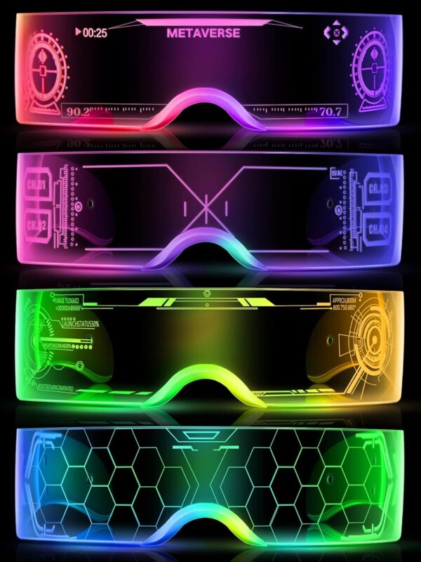 TOODOO 4 Pairs LED Visor Glasses Light up Glasses Futuristic Luminous Rave Glasses 7 Colors 4 Modes for Club Christmas Party