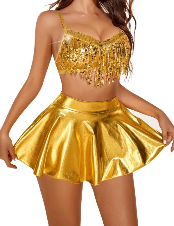 Avidlove Rave Outfits for Women Sequin Fringe Outfits Cosplay Lingerie 3pack Costume Set with Metallic Skirt