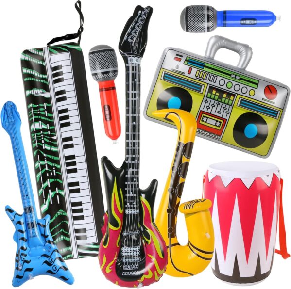 8 Pack Inflatable Rock Star Toy Set,Blow Up Boom Box Drum Guitar Bass Musical Instrument Party Props for 80s 90s Party Decorations, Christmas Birthday Carnival Rock and Roll Party Favors Supplies