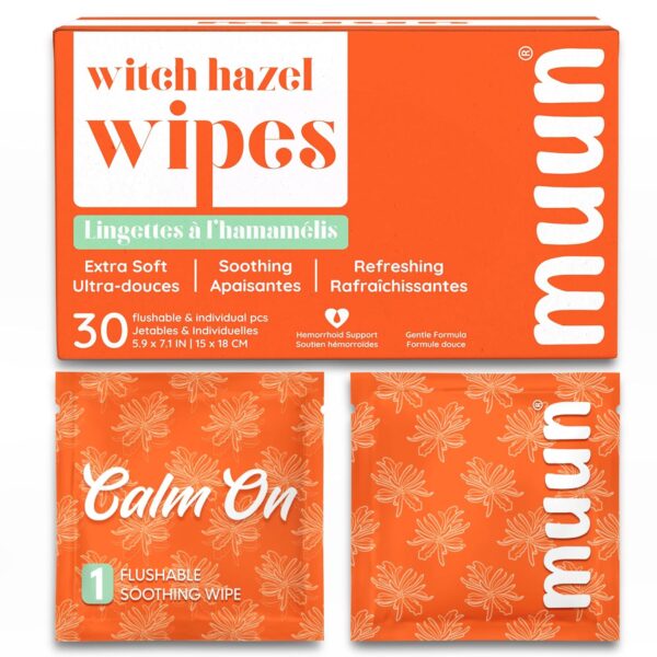 Muun Witch Hazel Wipes – 30 Counts Individually – Soothing Feminine & Hemorrhoids Wipes – Postpartums Support – Wet Wipes for Intimate, Butt – Alcohol Free & Plant Based – Flushable & Travel Friendly