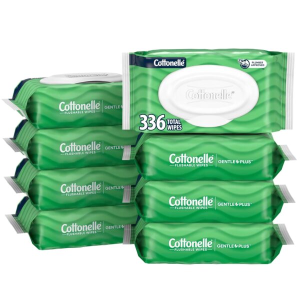 Cottonelle GentlePlus Flushable Wet Wipes with Aloe & Vitamin E, 8 Flip-Top Packs, 42 Wipes Per Pack (336 Total Wipes), Packaging May Vary