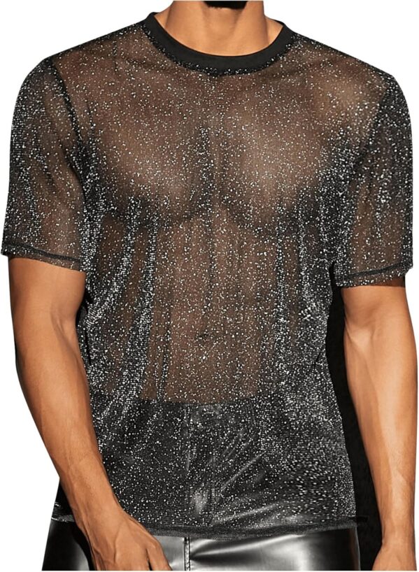 WDIRARA Men’s Glitter Mesh Sheer T Shirt Rave See Through Shirt Short Sleeve Top Tee