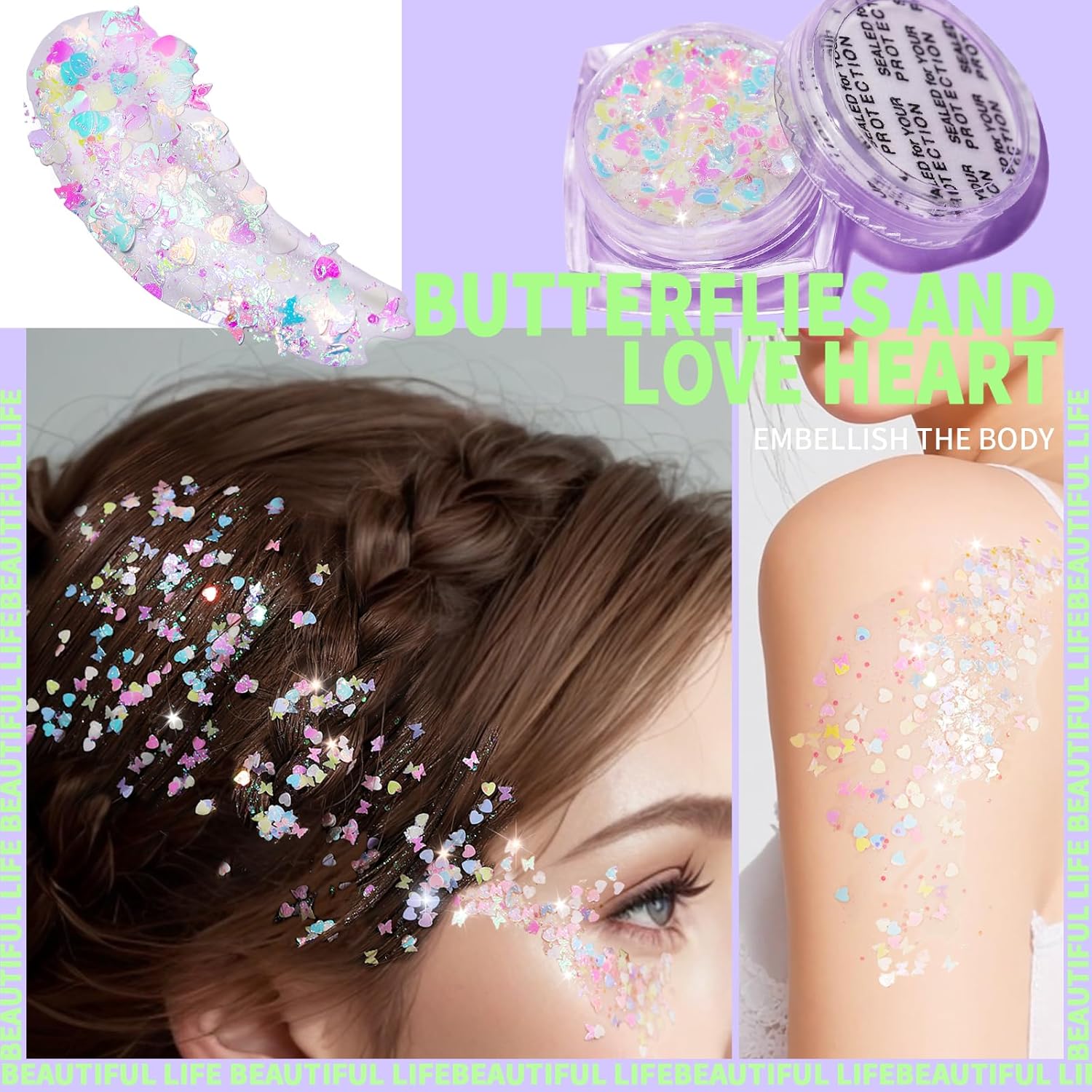 Teenitor Face Glitter Body Glitter, Clear White Body Glitter Gel, Hair Glitter Gel, 6 Shapes Rave Glitter, Mermaid Sequins Makeup Glitters Face Paint, Chunky Sparkling Glitter Gel for Women - Image 4
