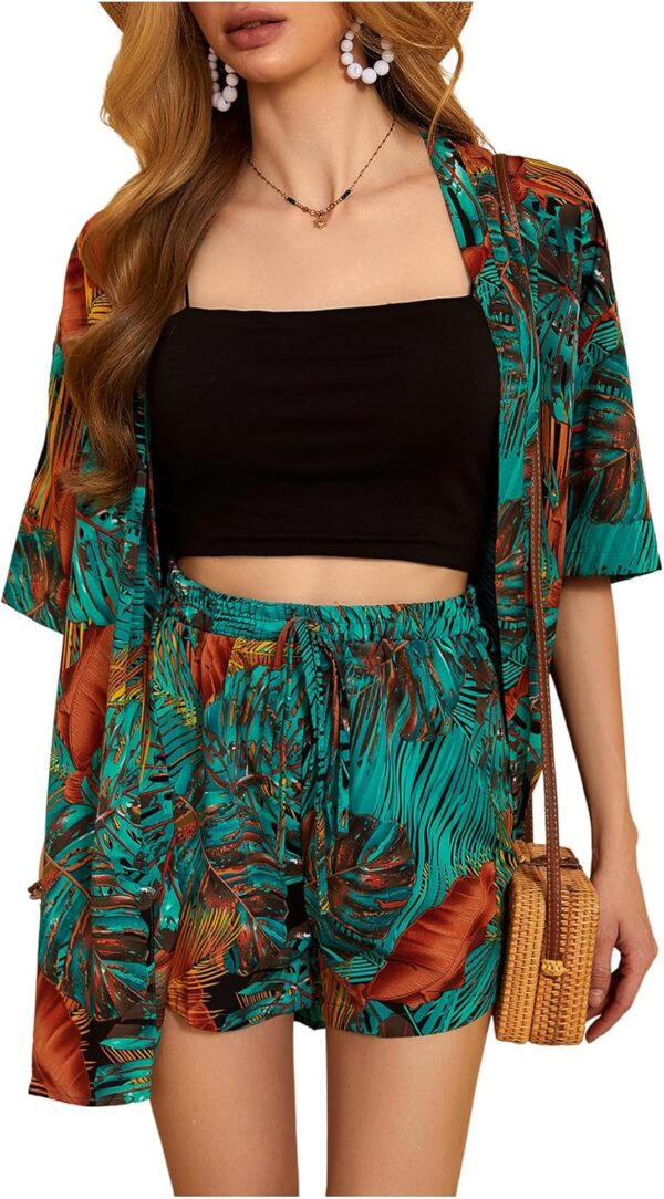 MakeMeChic Women’s Boho 2 Piece Outfits Tropical Open Front Kimono Blouse and Shorts Set