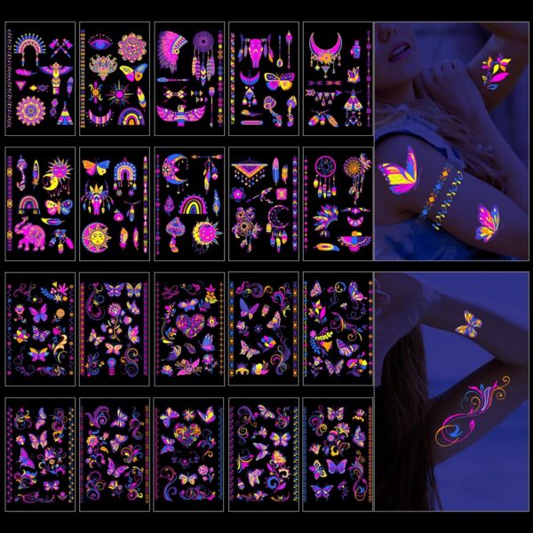 20 Sheet Glow in The Dark Temporary Tattoos – 200+Styles Fluorescence UV Neon Waterproof Body Face Fake Tattoo Stickers for Adults Women Men Kids Rave Festival Accessory Party Supplies Decorations