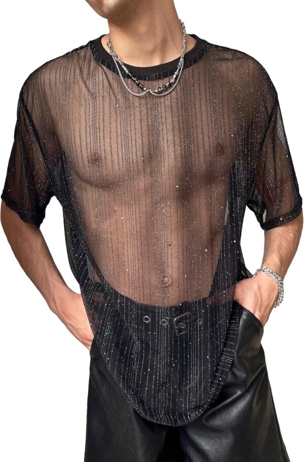 WDIRARA Men’s Glitter Mesh Sheer T Shirt Short Sleeve Round Neck Tee See Through Party Tops
