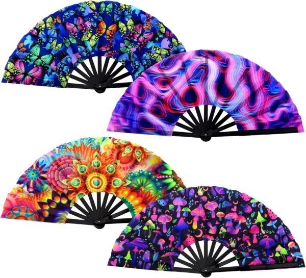 BBTO 4 Pcs Clap Fans for Line Dancing UV Glow Large Folding Hand Rave Fan Men Women Chinese Japanese Bamboo Clack Hand Fan for EDM Music Festival Club Party Dance Gift, 4 Styles, 25″(Fresh)
