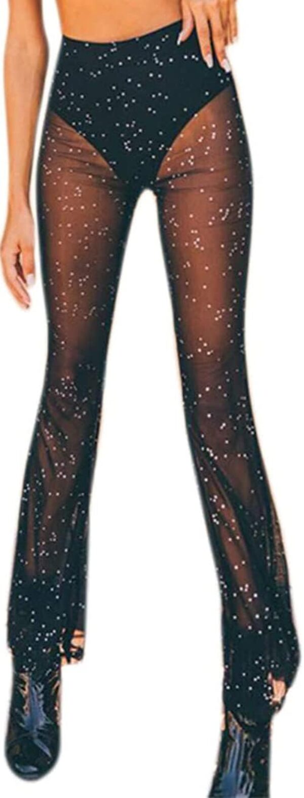 Women’s Rave Sheer Mesh Sparkly Pants Bell Bottom Rave Outfit Clothes for Festival Dance Clubwear