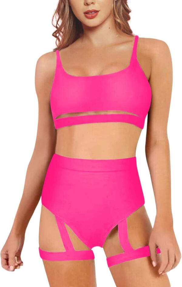 Rave Outfits for Women – EDC Sexy Festival Bodysuit Underboob Cutout Top High Waist Harness Bottom EDM Party Bikini