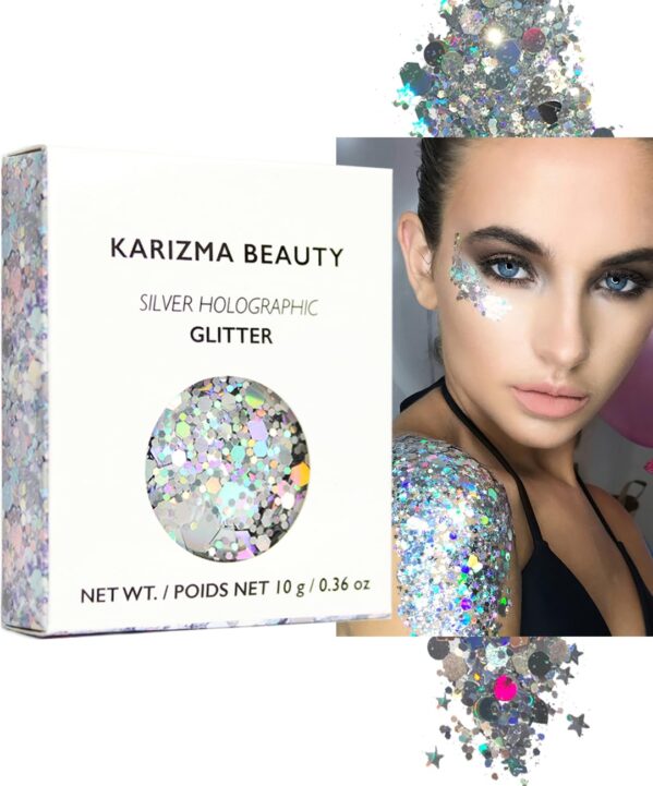 KARIZMA Holographic Silver Body Glitter – 10g Chunky Face, Hair, Eye & Body Glitter for Women – Rave & Festival Accessory