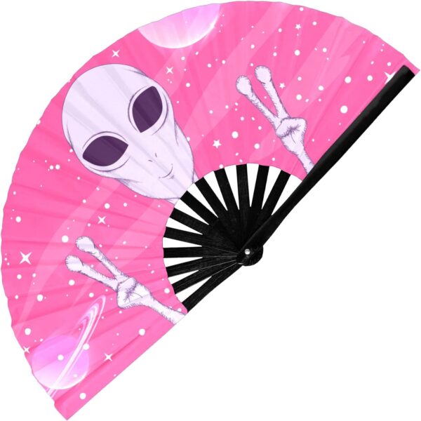 GloFX Rave Fan – Pink Alien – Large Folding Fan -Large Folding Fan for Rave Essentials, Festival Fans, and Alien Accessories – Hand Held Fan for Festival Outfits & EDM Vibes