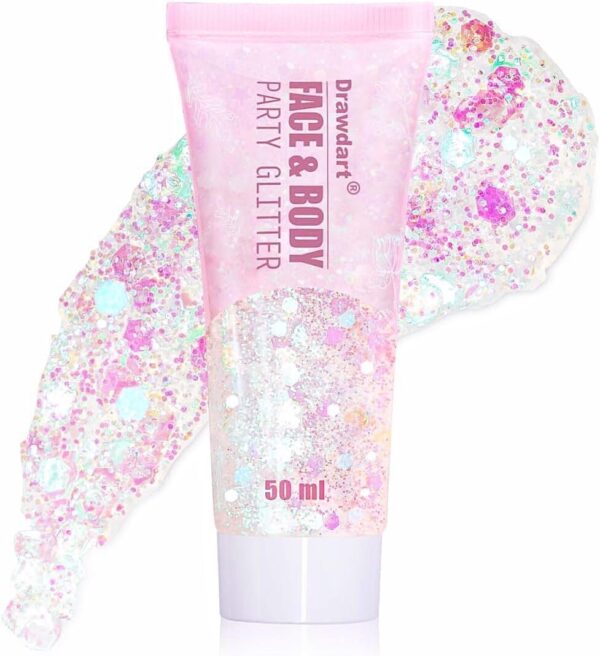 Face & Body Glitter, Cosmetic-Grade Glitter Gel- Singer Concerts Disco Festival Rave Accessories, Chunky Hair Sparkling Glitter Gel for Women, Vegan & Cruelty Free- 50ml (White)