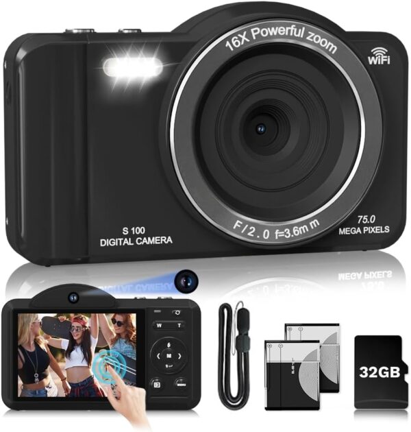 4K Upgrade Touchscreen Digital Camera, 75MP Dual Front & Rear Cameras Sefie, Autofocus, Wi-Fi Sharing, Compact Travel Vlogging Camera for Teens Beginner Kids with 32GB SD Card, 2 Batteries, Lanyard