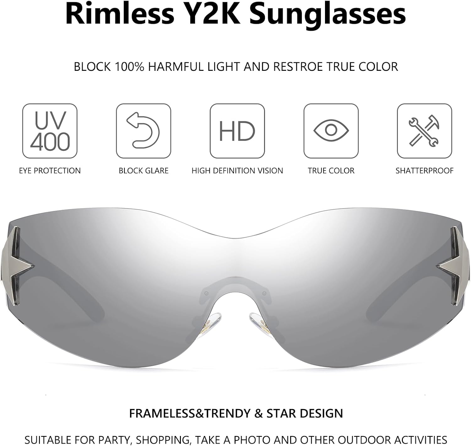 LIKSMU Rimless Y2K Sunglasses for Women Men Wrap Around Fashion Sunglasses Oversized Frameless Trendy Sun Glasses - Image 3