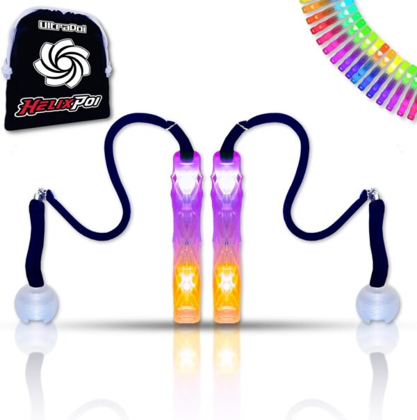 UltraPoi HelixPoi Set – Helix Poi w/Non-LED Knob Handles – 70+ Brilliant Color Modes & Patterns – LED Poi Glow Stick Lights w/Soft Durable Cases & Adjustable Leashes – Flow Arts Light Spinning Toy
