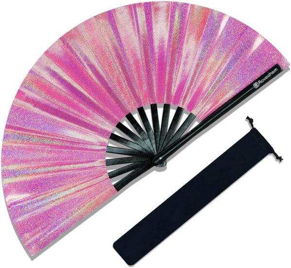Large Rave Fan, Clack Folding Hand Fan with Premium Fabric, Thick Bamboo Frame for Men Women Gift for EDM, Festival, Club, Party, Dance, Decoration (Lridescent Pink, 13″)