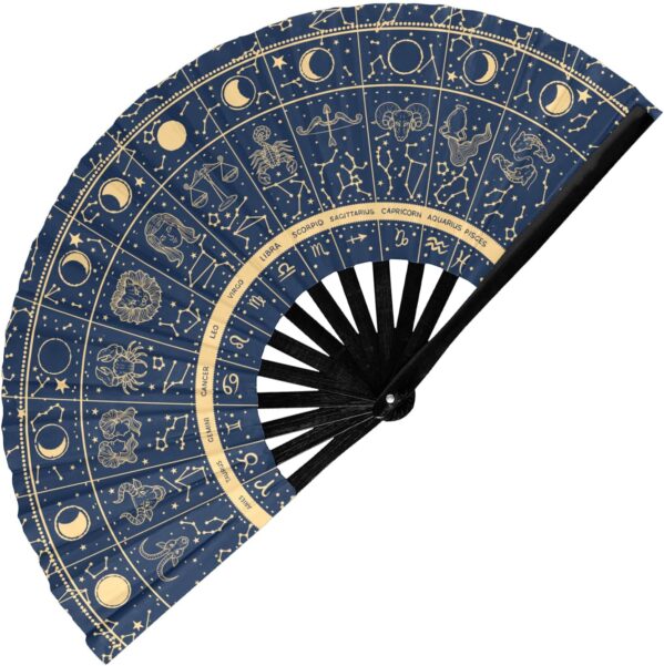GloFX Rave Fan – Zodiac Signs – Large Folding Hand Fan Astrological Signs Designs for Festival Outfits, Cosmic Events – Perfect Accessory for Astrology Enthusiasts and Stargazers