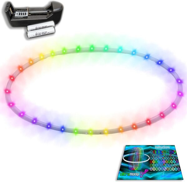 UltraPoi UltraHoop Shuffle LED Hoop – Smart Auto Color Changing LEDs w/ 100+ Light Patterns – Rechargeable, Collapsible, Beginner to Advanced Glow in the Dark Flow Toys Hoola Hoops for Raves & Parties