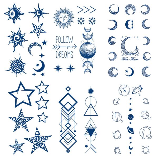 Semi Permanent Tattoo Stickers – Pack of 6, Waterproof Temporary Tattoos Fake Tattoos with Space, Stars, Moon, Sun, Totem, Planets Designs