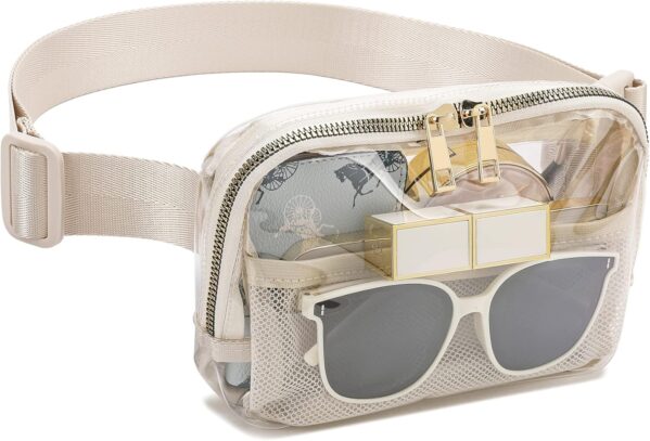 Clear Fanny Pack Belt Bag Stadium Approved for Women Men with Adjustable Strap Water-resistant Waist bag Clear Purse for Travel Workout Running Hiking(Beige)